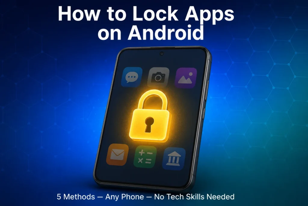 Featured image for how to lock apps on Android guide showing a smartphone secured with a gold padlock over app icons on a deep blue background