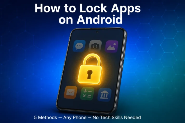 Featured image for how to lock apps on Android guide showing a smartphone secured with a gold padlock over app icons on a deep blue background