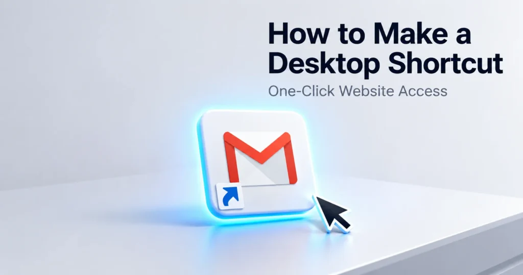 Desktop shortcut icon with glowing blue highlight on clean desktop background, demonstrating one-click website access method