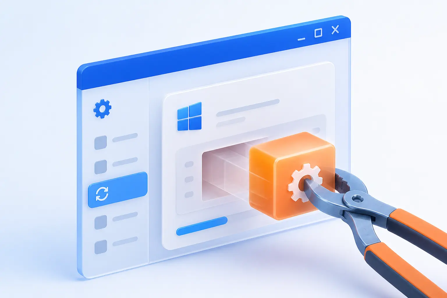 A professional 3D illustration showing the removal of a specific Windows 10 update patch from a digital system interface.