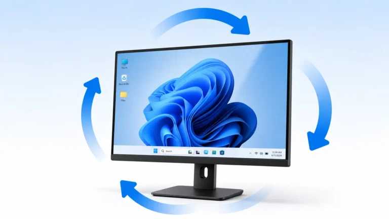 Computer monitor with rotation arrows showing Windows screen rotation tutorial methods and settings