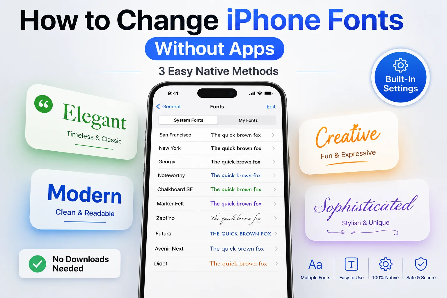 Featured image showing iPhone with Fonts menu open in Settings, displaying multiple colorful font style options and text saying 'No Apps Required' and 'Change iPhone Fonts Without Downloads'