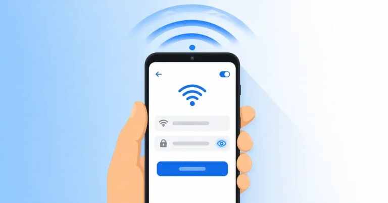 Android phone showing WiFi settings screen with eye icon to retrieve saved WiFi password from Android phone