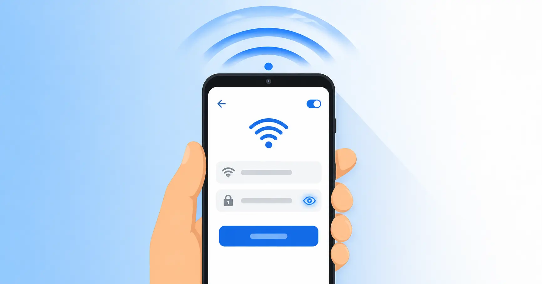 Android phone showing WiFi settings screen with eye icon to retrieve saved WiFi password from Android phone