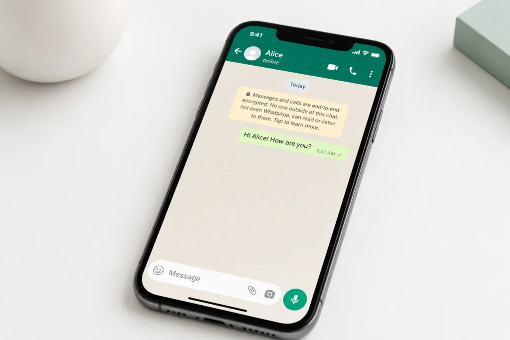 Smartphone screen displaying WhatsApp messenger with single grey tick showing message sent but not yet delivered to recipient