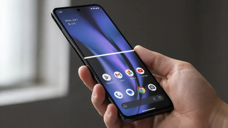Smartphone screen displaying white horizontal line defect across the middle of the display panel