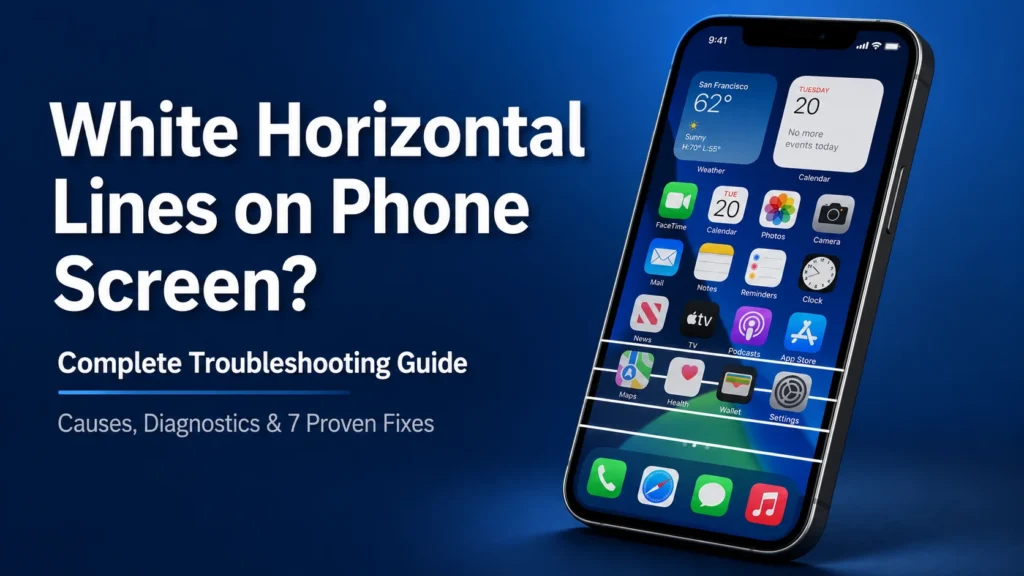 Featured image showing a modern smartphone displaying white horizontal lines on phone screen with text overlay "White Horizontal Lines on Phone Screen? Complete Troubleshooting Guide" against a professional tech blue background