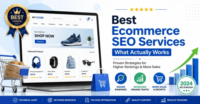Best ecommerce SEO services visual guide showing online store dashboard mockup with upward trending arrow and 5-star quality badge representing improved rankings and sales growth from professional SEO optimization