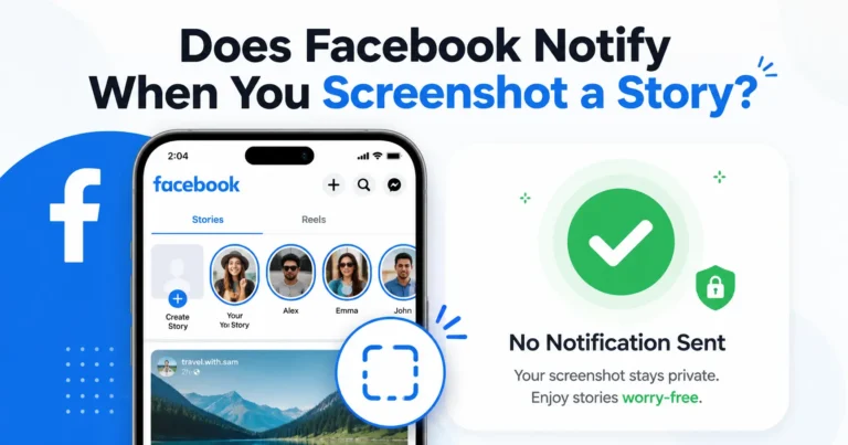 Visual guide answering "Does Facebook Notify When You Screenshot a Story" showing Facebook Stories interface mockup with screenshot indicator and no notification alert status symbol with green checkmark