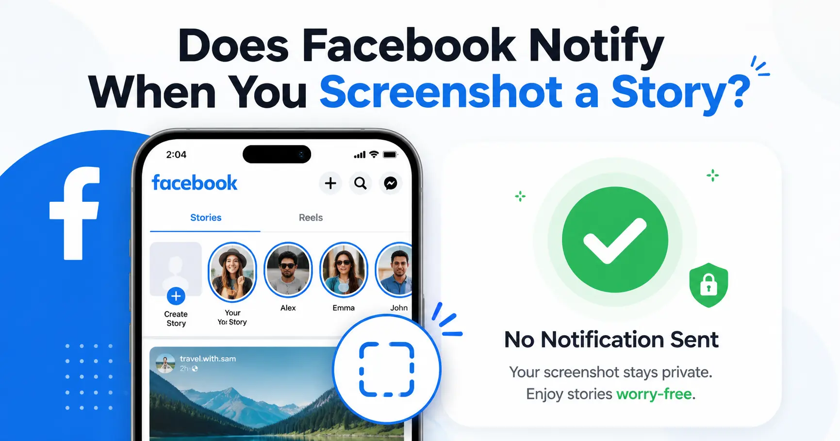 Visual guide answering "Does Facebook Notify When You Screenshot a Story" showing Facebook Stories interface mockup with screenshot indicator and no notification alert status symbol with green checkmark