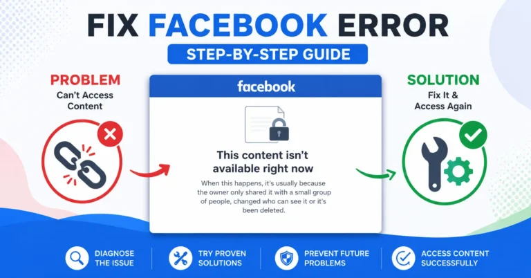 Step-by-step visual guide to fix Facebook 'this content isn't available right now' error with problem and solution icons