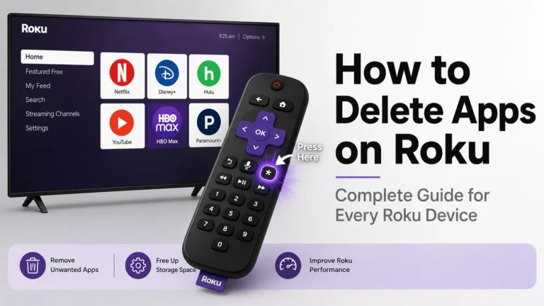 Infographic showing how to delete apps on Roku using the Star button on remote control, with TV screen and simplified Roku remote illustration