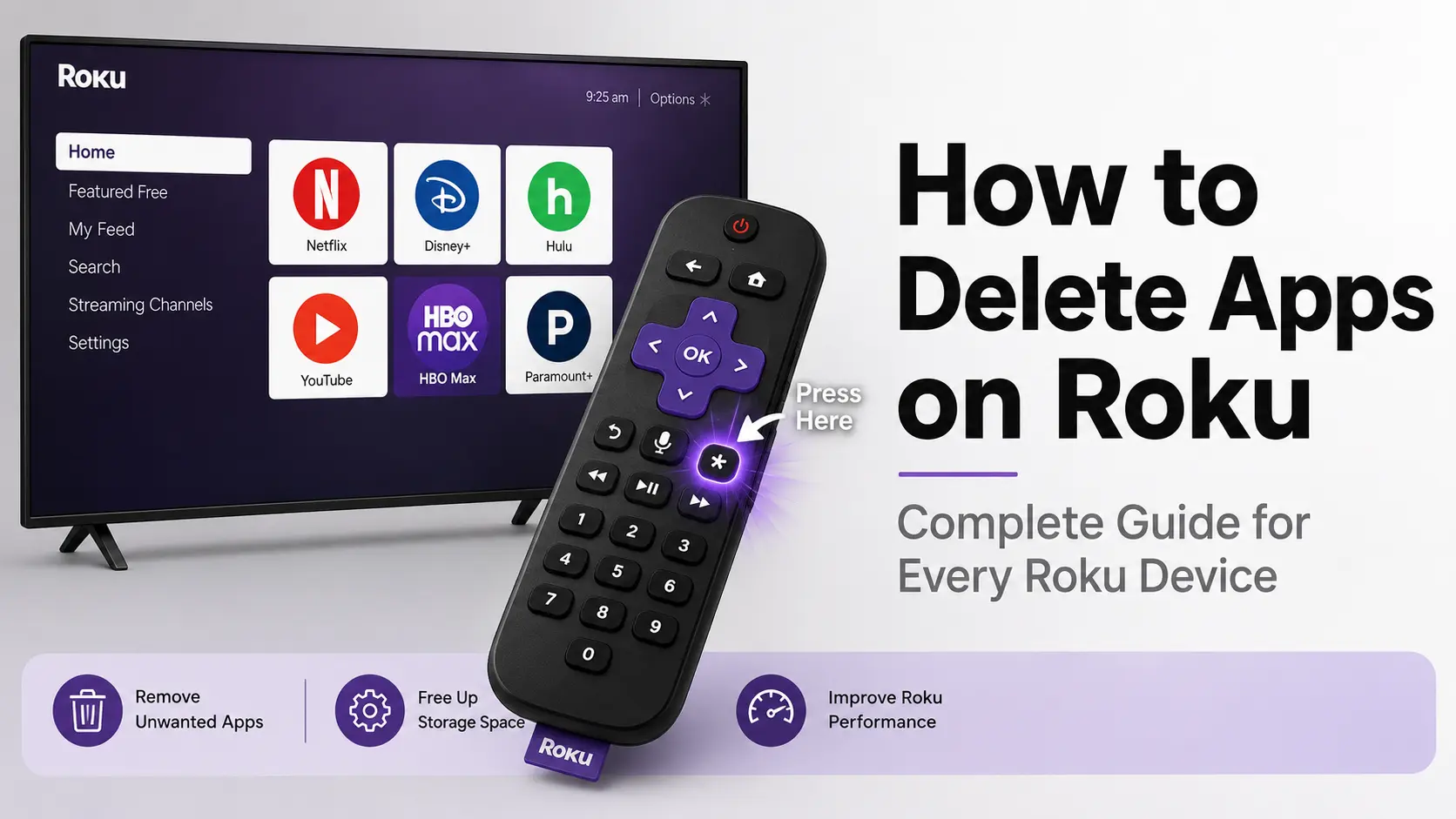 Infographic showing how to delete apps on Roku using the Star button on remote control, with TV screen and simplified Roku remote illustration