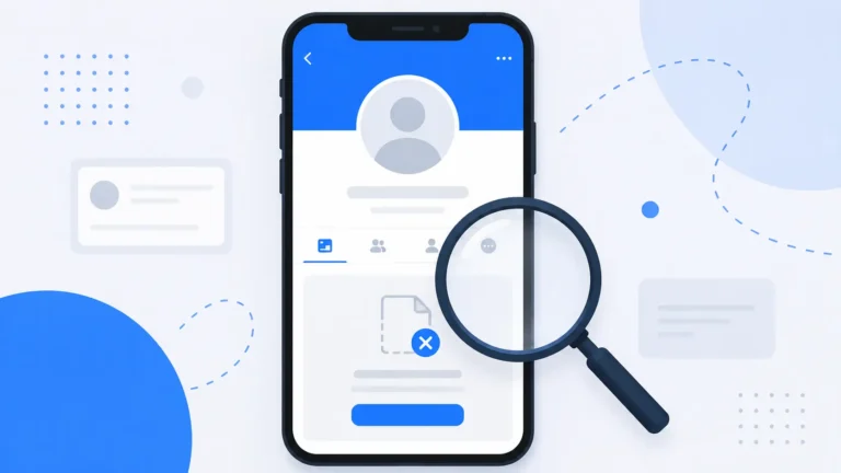 Illustration explaining how to know if someone blocked you on Facebook, showing a Facebook profile with a content unavailable message, search icon, and blocked account indicators.