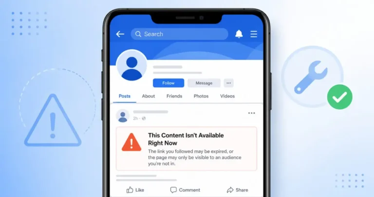 This content isn't available right now facebook status error shown on a smartphone screen with a warning icon