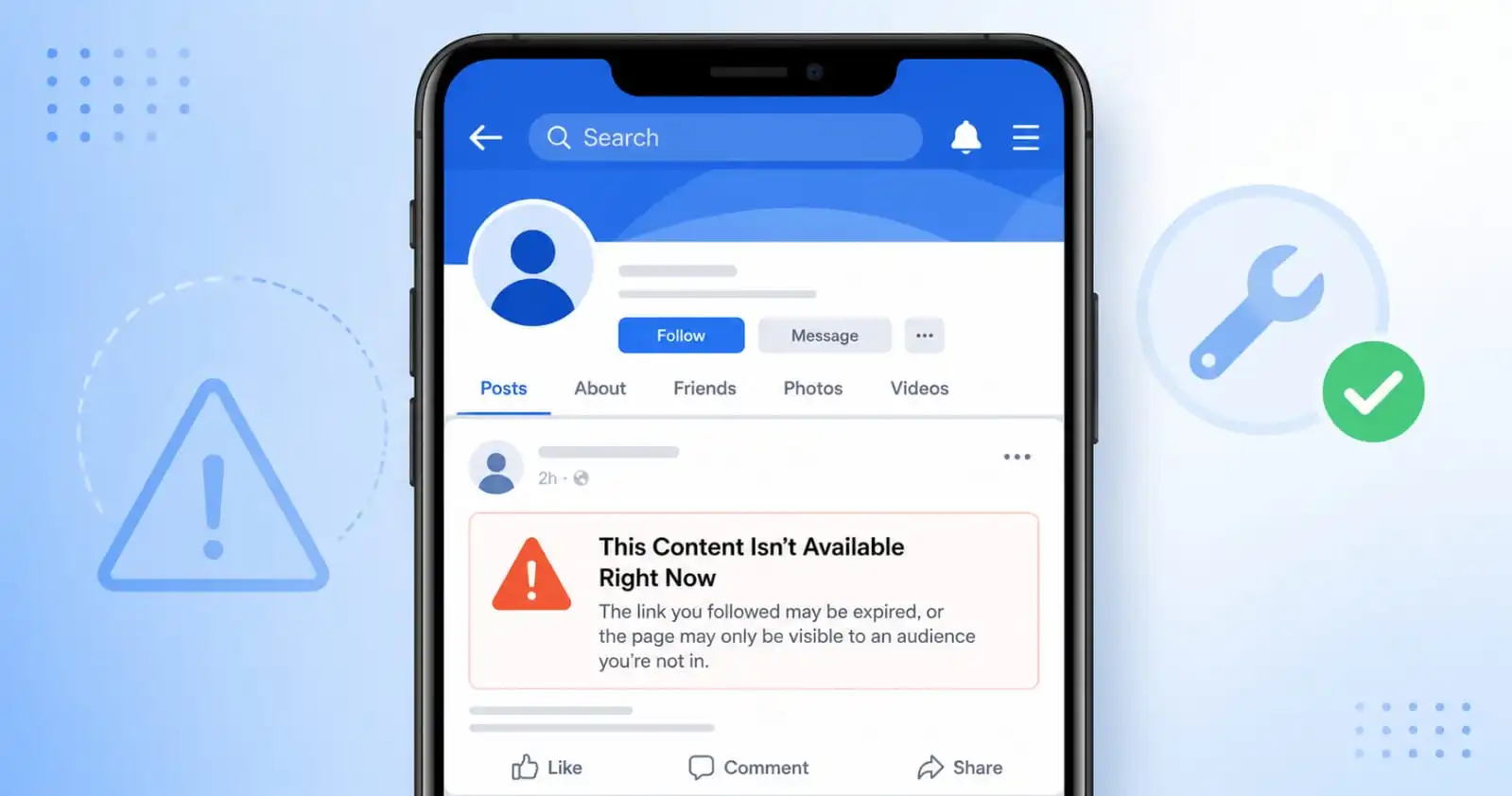 This content isn't available right now facebook status error shown on a smartphone screen with a warning icon