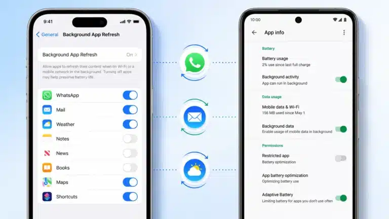 What is background app refresh explained with iPhone and Android settings screens showing toggle options